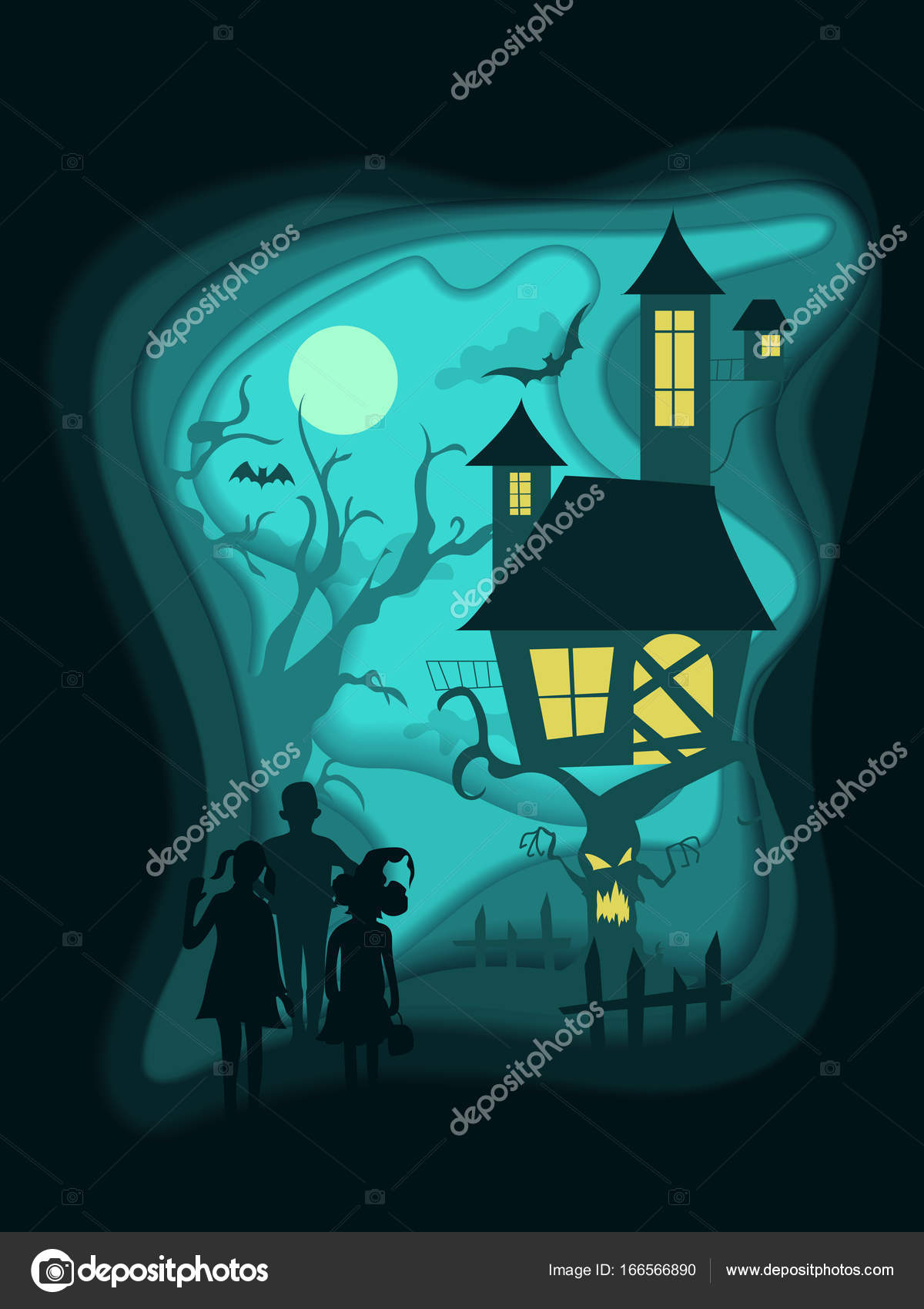 1200x1700 Halloween Night Background With Children, Haunted House On Scary