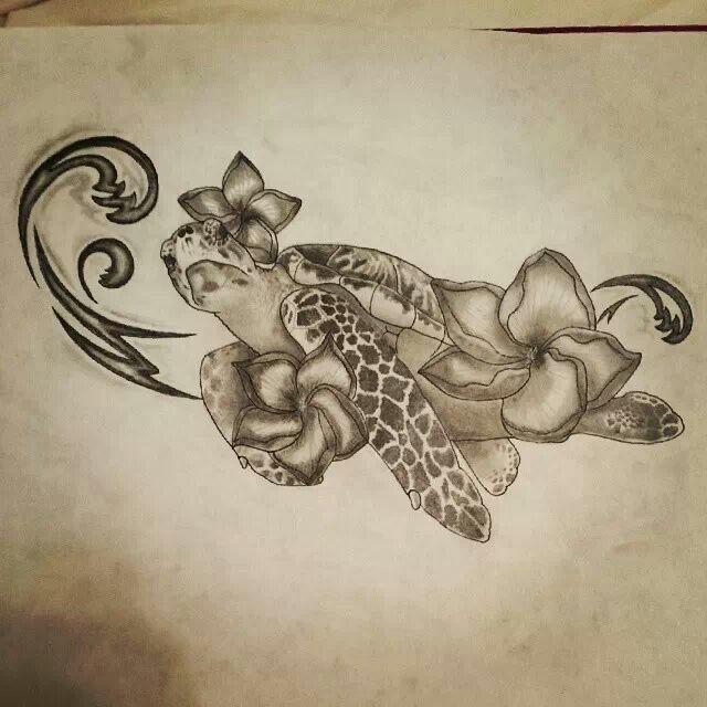 640x640 Sea Turtle, Hawaiian Flowers, Waves, Ocean, Tattoo Drawing By