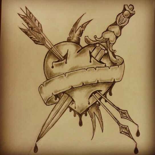 544x544 Traditional Heart Arrow Dagger Tattoo Sketch By