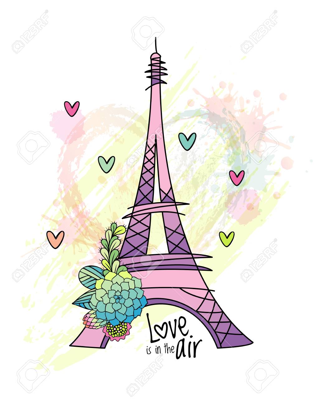 1008x1300 Floral Love Card Design With Eiffel Tower Vector. Hand Drawn