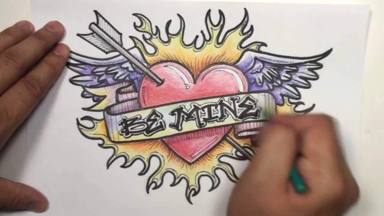 1280x720 Speed Drawing How To Draw A Heart With Wings, Arrow, Ribbon