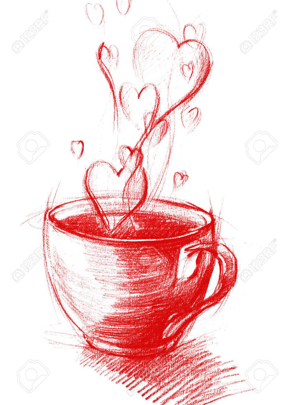 940x1300 Cup Of Tea With Hearts, Isolated On White, Freehand Sketch Drawing