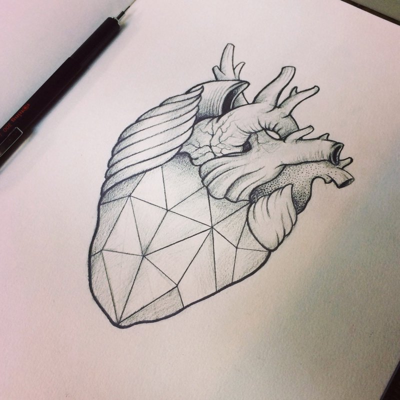 800x800 Black And Grey Geometric Real Heart Tattoo Stencil By Savas Dogan