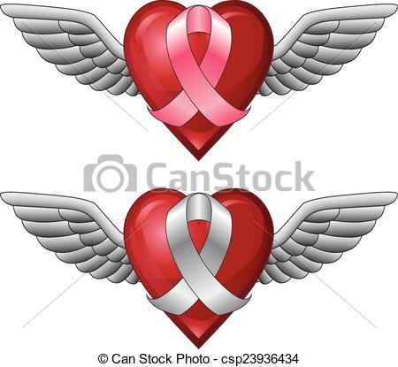 450x415 Ribbon With Wings And Heart. Illustration Of A Pink Ribbon