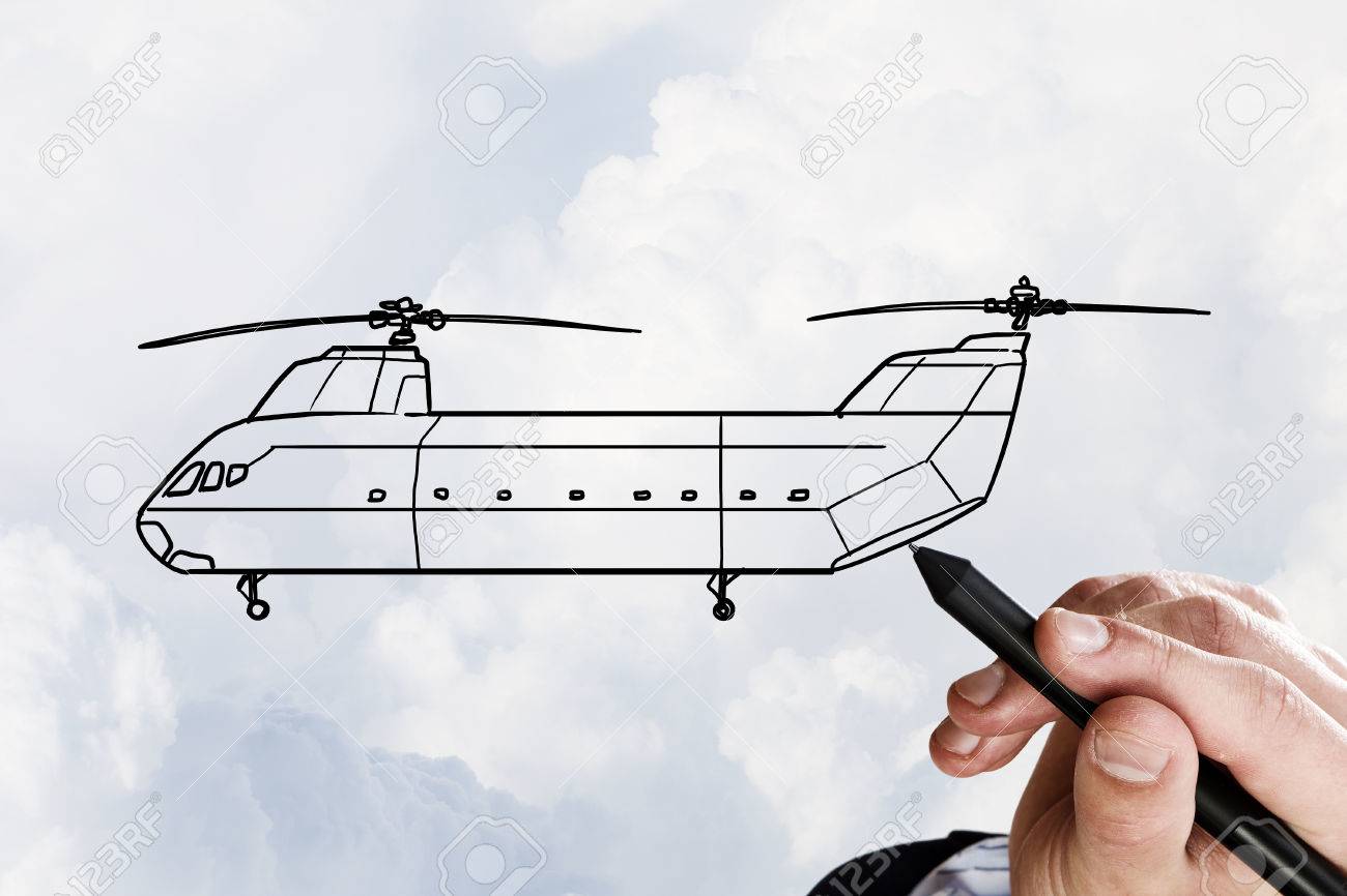 1300x866 Person Hand Drawing Helicopter Model Ob Sky Background Stock Photo