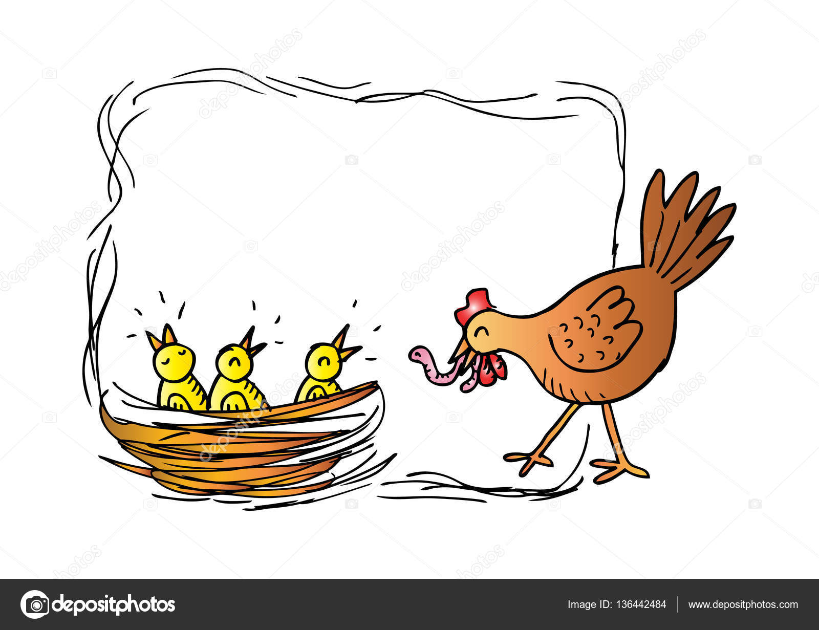 1600x1231 Mother Hen And Chicks. Hand Drawing Illustration. Stock Photo