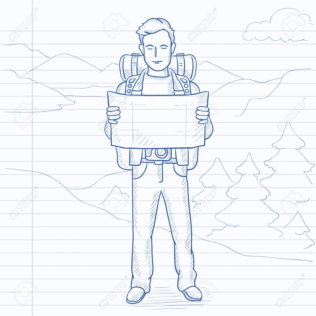 1300x1300 A Man With A Map Hiking In The Mountains. Hand Drawn Vector Sketch