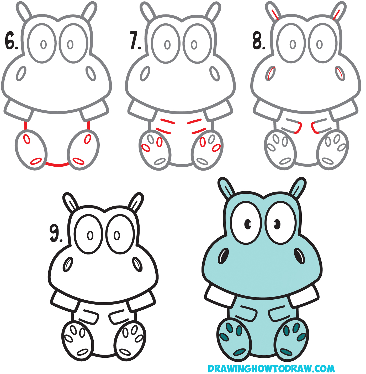 1395x1423 How To Draw A Cute Cartoon Hippo Simple Steps Drawing Lesson