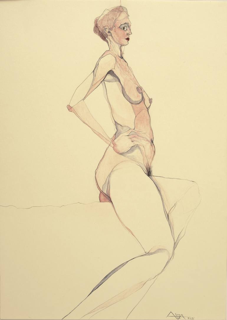770x1085 Saatchi Art Female Nude, Sitting With Hands On Hips Drawing By