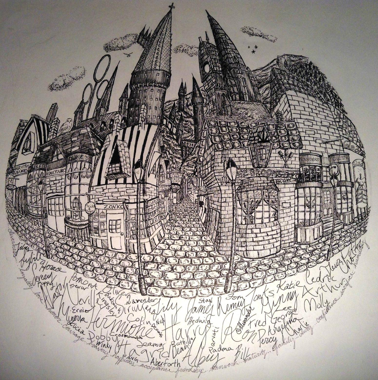 1551x1560 Pen And Ink Drawing Of Hogwartshogsmeade I Just Finished. Not