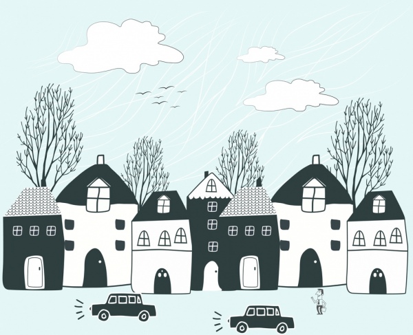 600x487 Town Life Drawing Colored Handdrawn Cartoon Design Free Vector