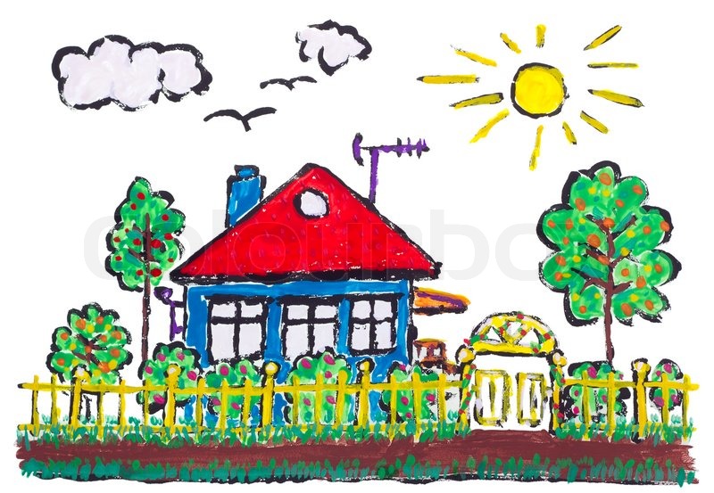 800x553 Painted Village Home Landscape Children Drawing Stock Photo