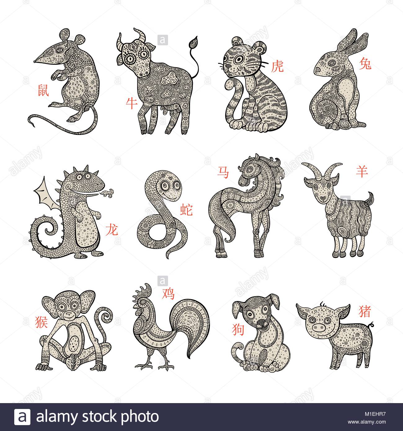 1300x1390 Chinese Zodiac. Set Of Zodiac Signs. Hand Drawn Illustration