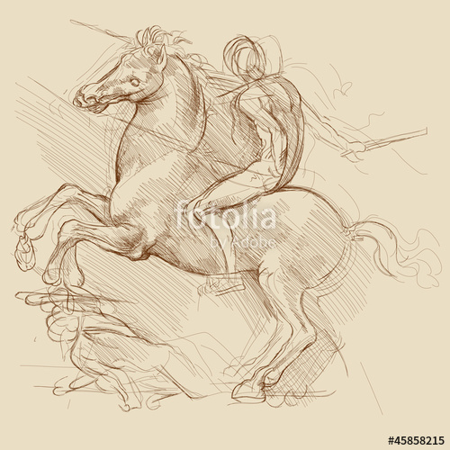 500x500 Horse And Rider. Based On Drawing Of Leonardo Da Vinci Stock