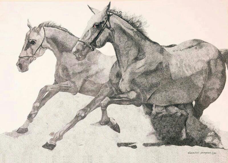 800x571 Two Running Horses By Artist Kamalesh Salaskar Ink Drawings On Paper