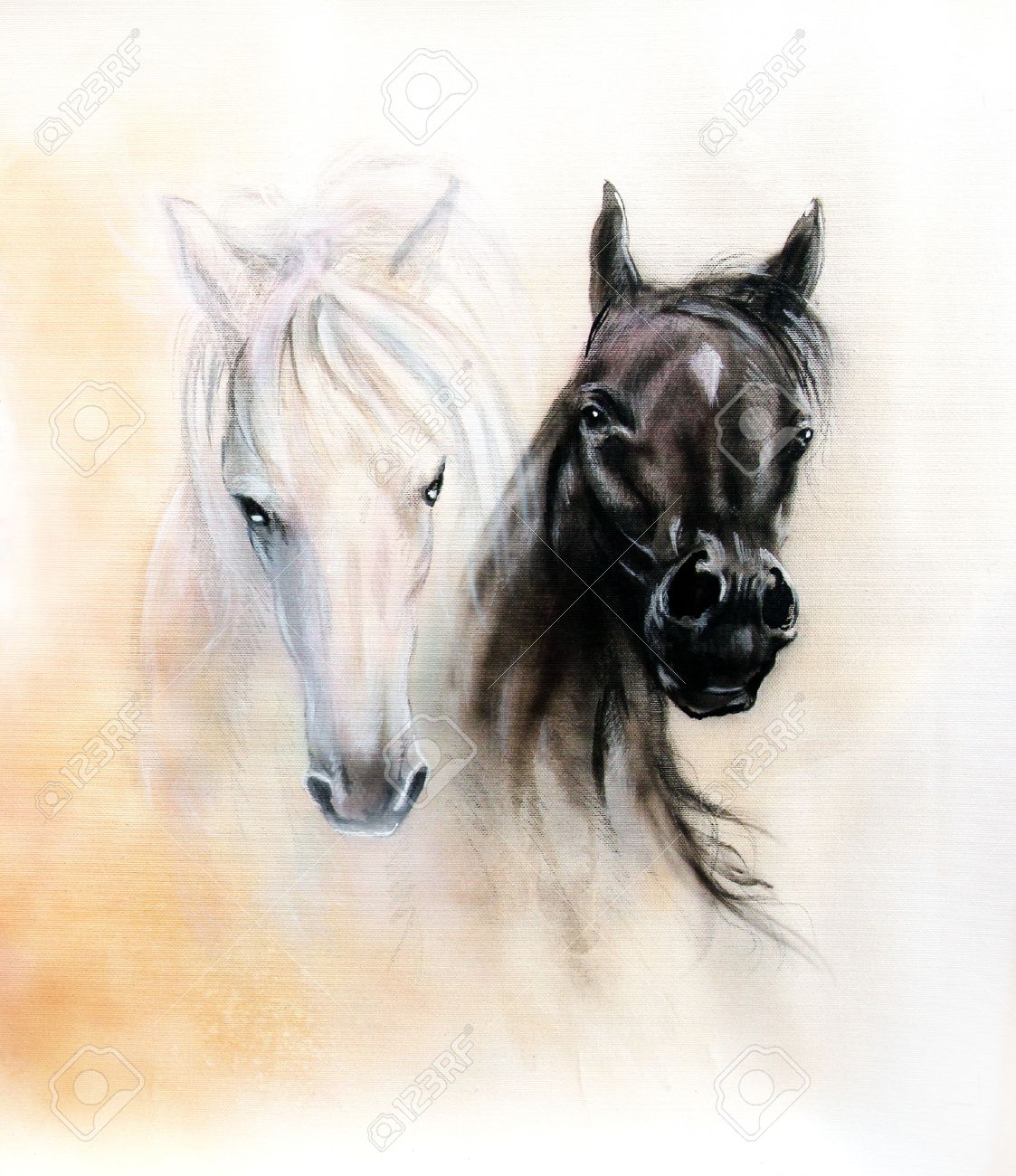 1123x1300 Horse Heads, Two Black And White Horse Spirits, Beautiful Detailed