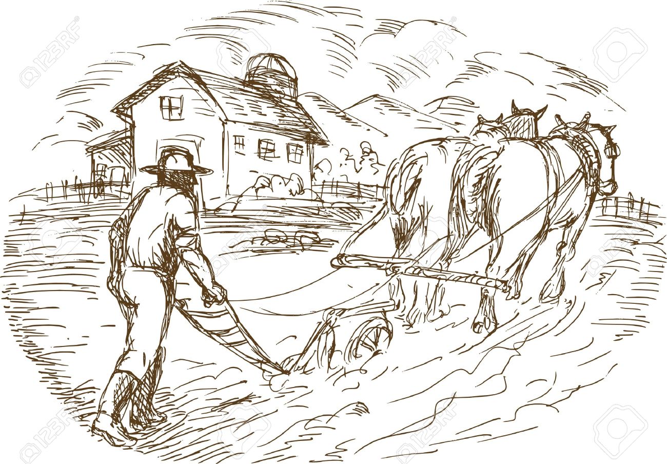 1300x904 Hand Drawn Sketched Vector Illustration Of A Farmer And Horse