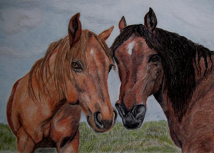 900x646 Two Horses Drawing By Joan Pye