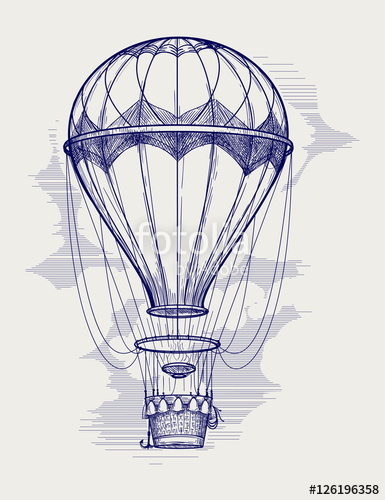385x500 Retro Hand Drawing Hot Air Balloon. Vintage Hot Air Airship Vector