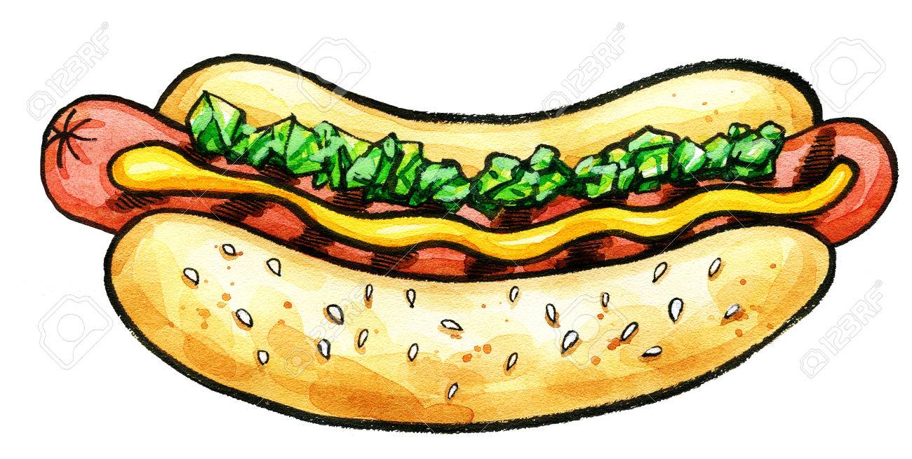 1300x655 Hand Drawn Watercolor Illustration Of Hot Dog With Mustard