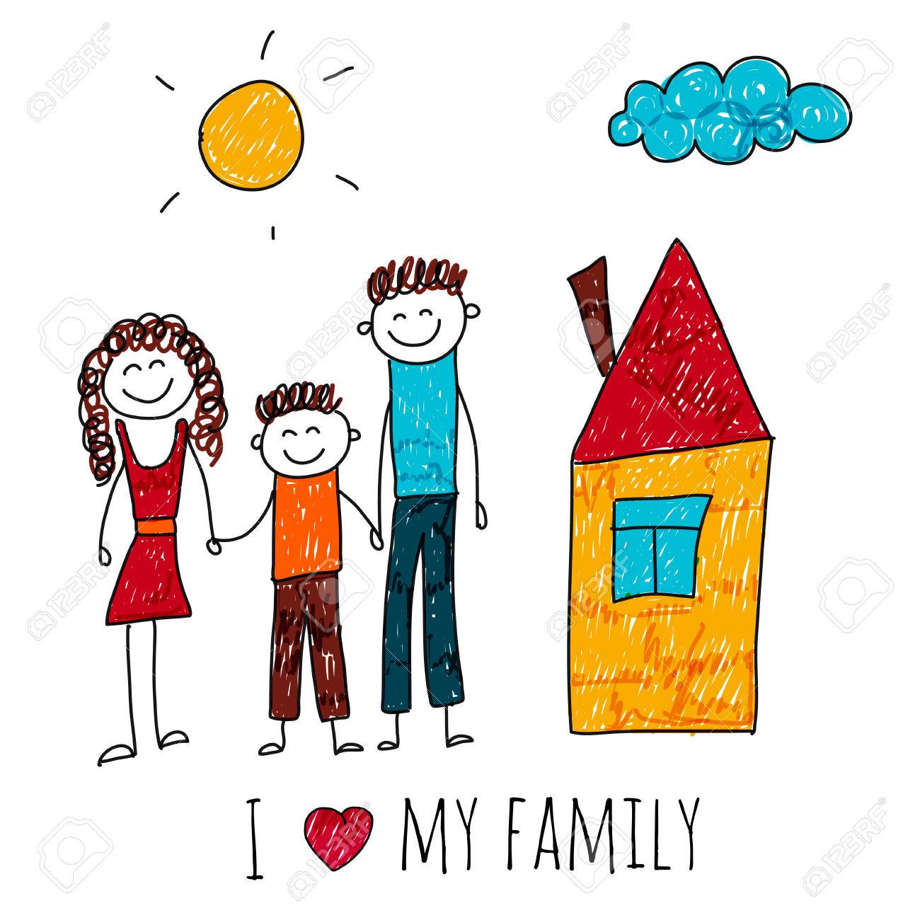 1300x1300 Image Of Happy Family With House. Kids Drawing I Love My Family