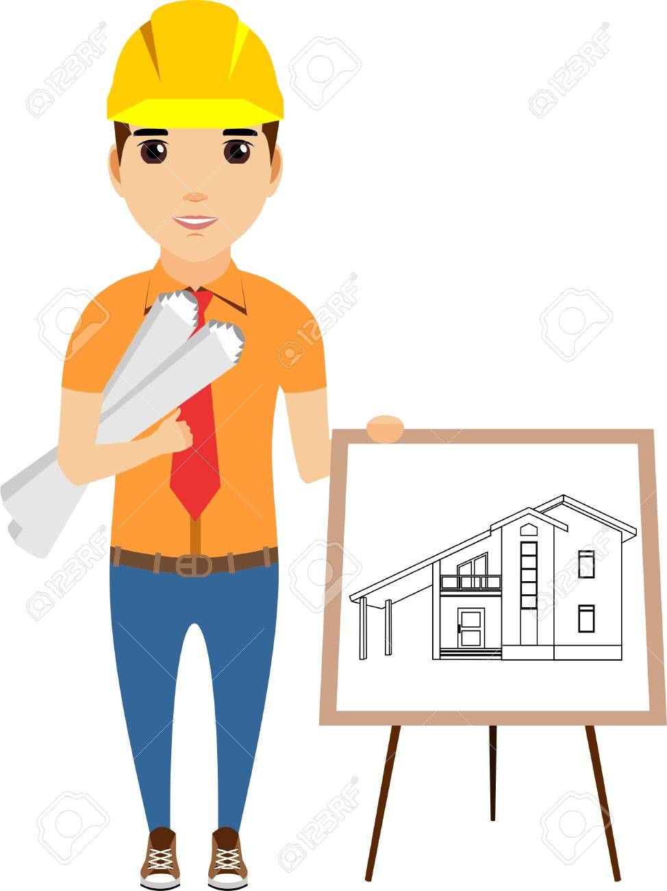 974x1300 The Concept Of An Engineer Standing Near The Drawing To The House