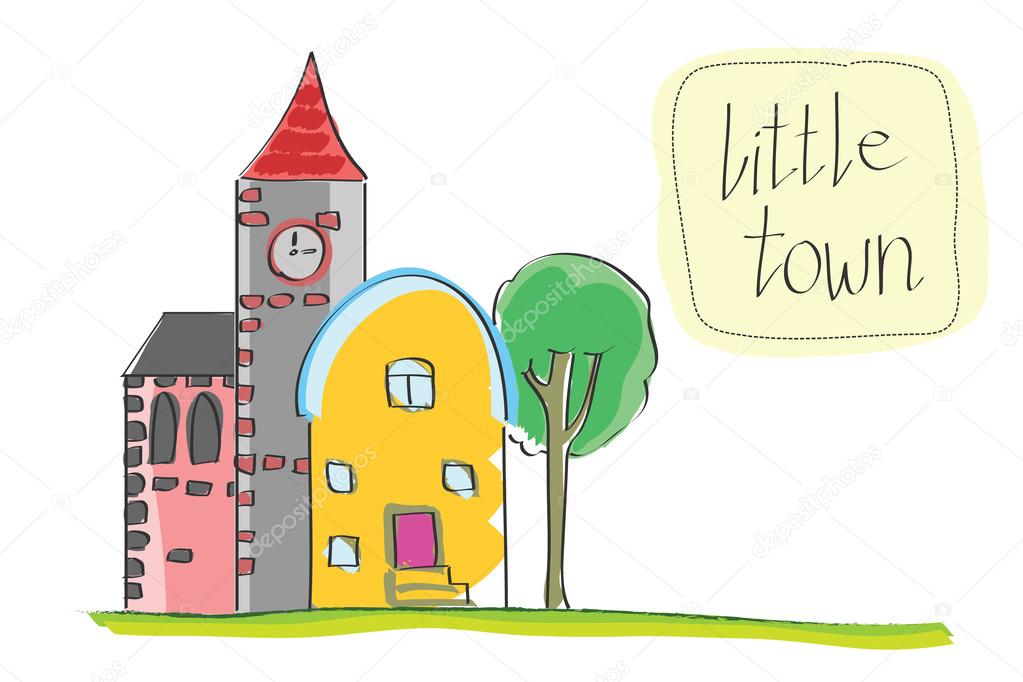1023x682 Vector Illustration Of Old Little Town. Cartoon Historic Buildings