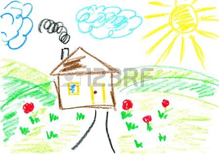 450x316 House. Kids Art. Child's Drawing With Crayons. Stock Photo
