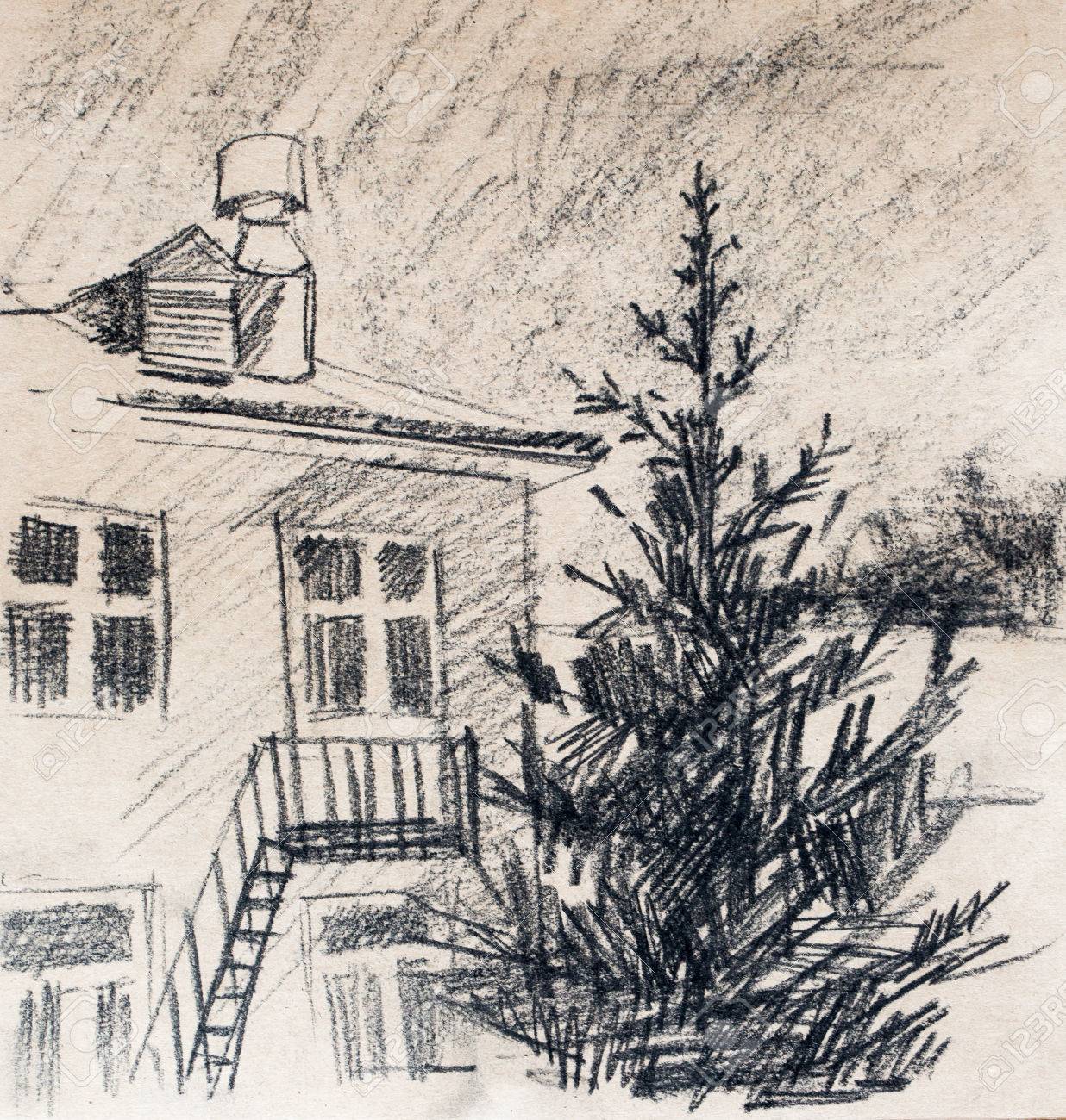 1236x1300 House, Pencil Drawing On Canvas Stock Photo, Picture And Royalty