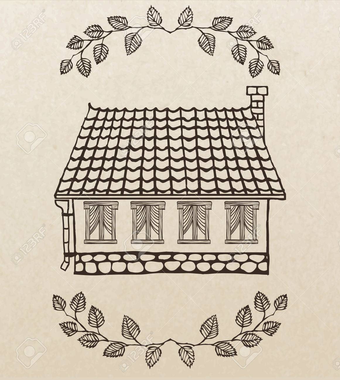 1161x1300 Cute Hand Drawn House With Chimney And Tiled Roof Royalty Free