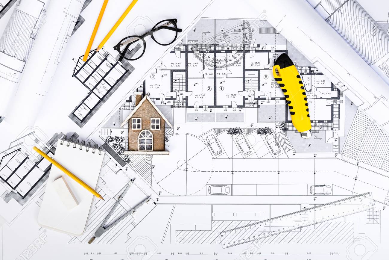 1300x868 Top View Of Construction Plans With Drawing Tools And House