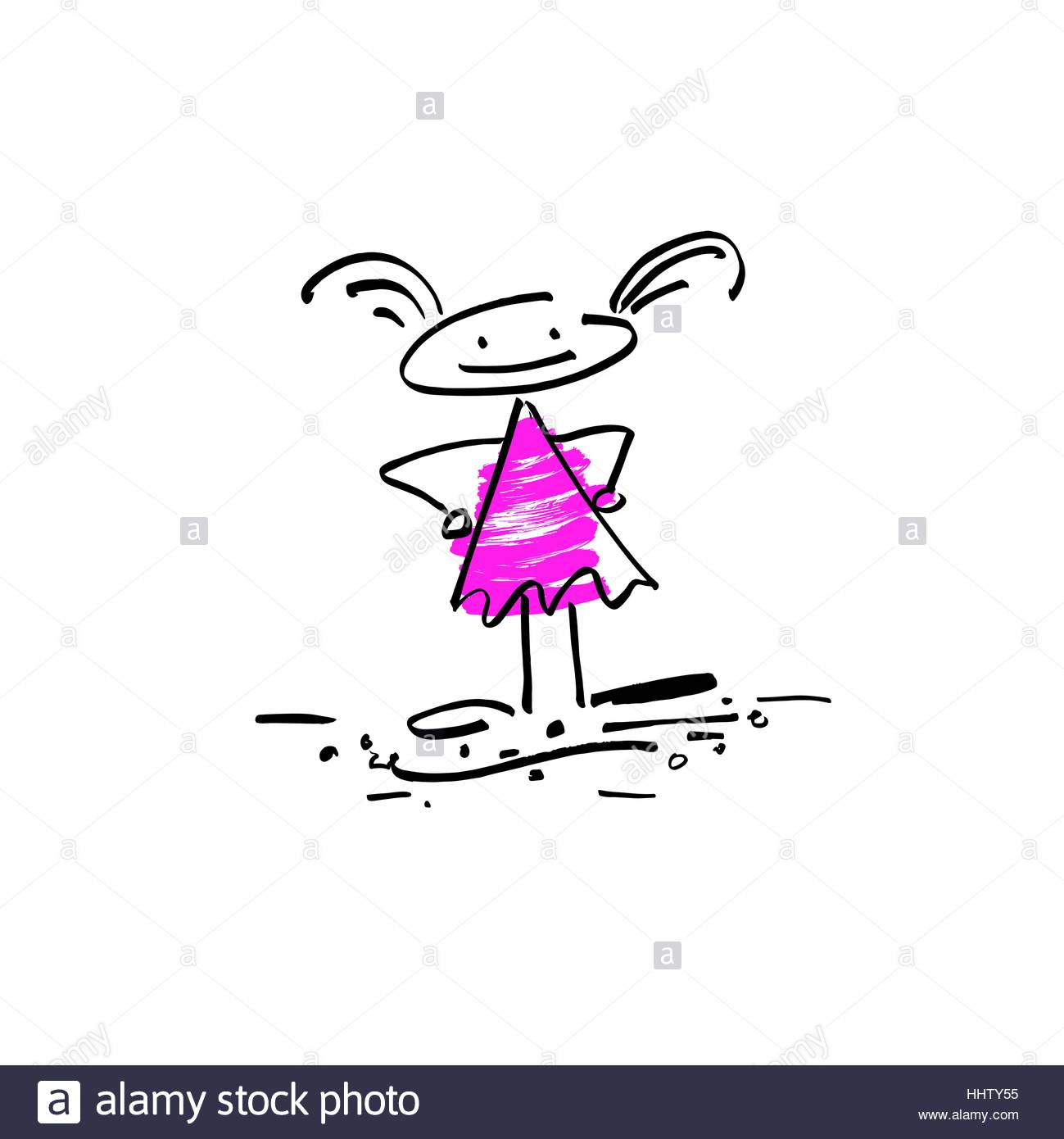 1299x1390 Hand Drawing Sketch Doodle Human Stick Figure Happy Girl Stock