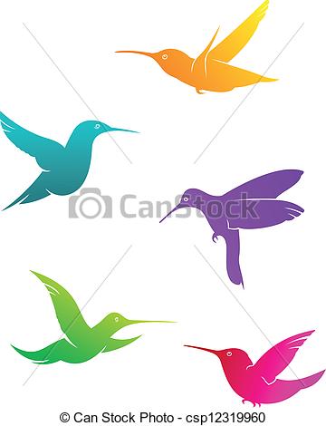 360x470 Colorful Flying Hummingbirds Set Isolated On White Clip Art