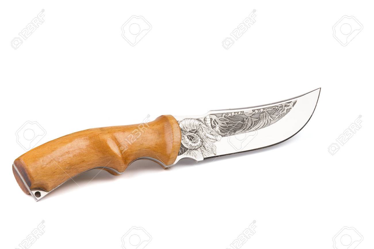 1300x866 Hunting Knife Isolated On White With Drawing On A Blade. Bowie