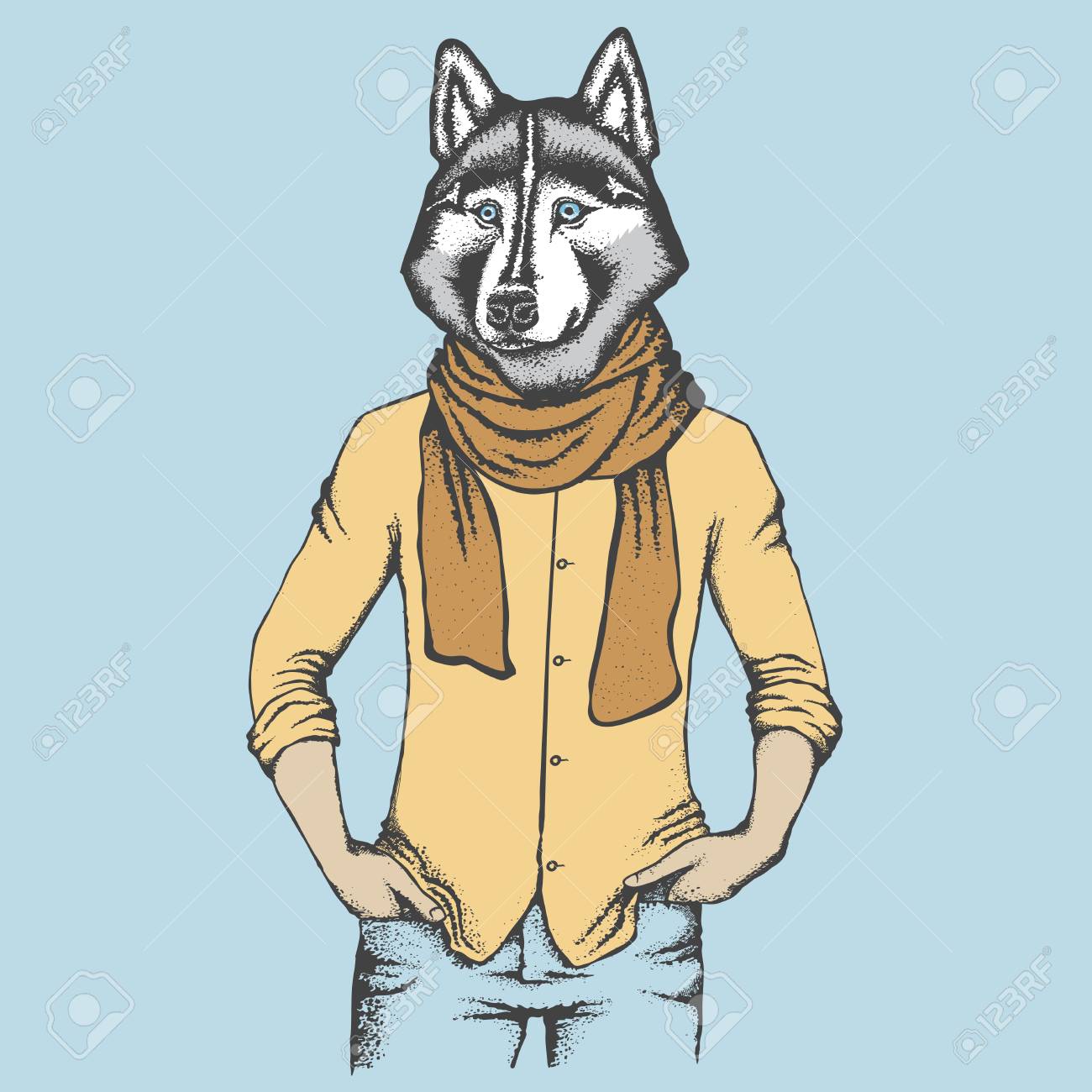1300x1300 Vector Dog Concept. Hand Draw Vector Siberian Husky Dog On Human