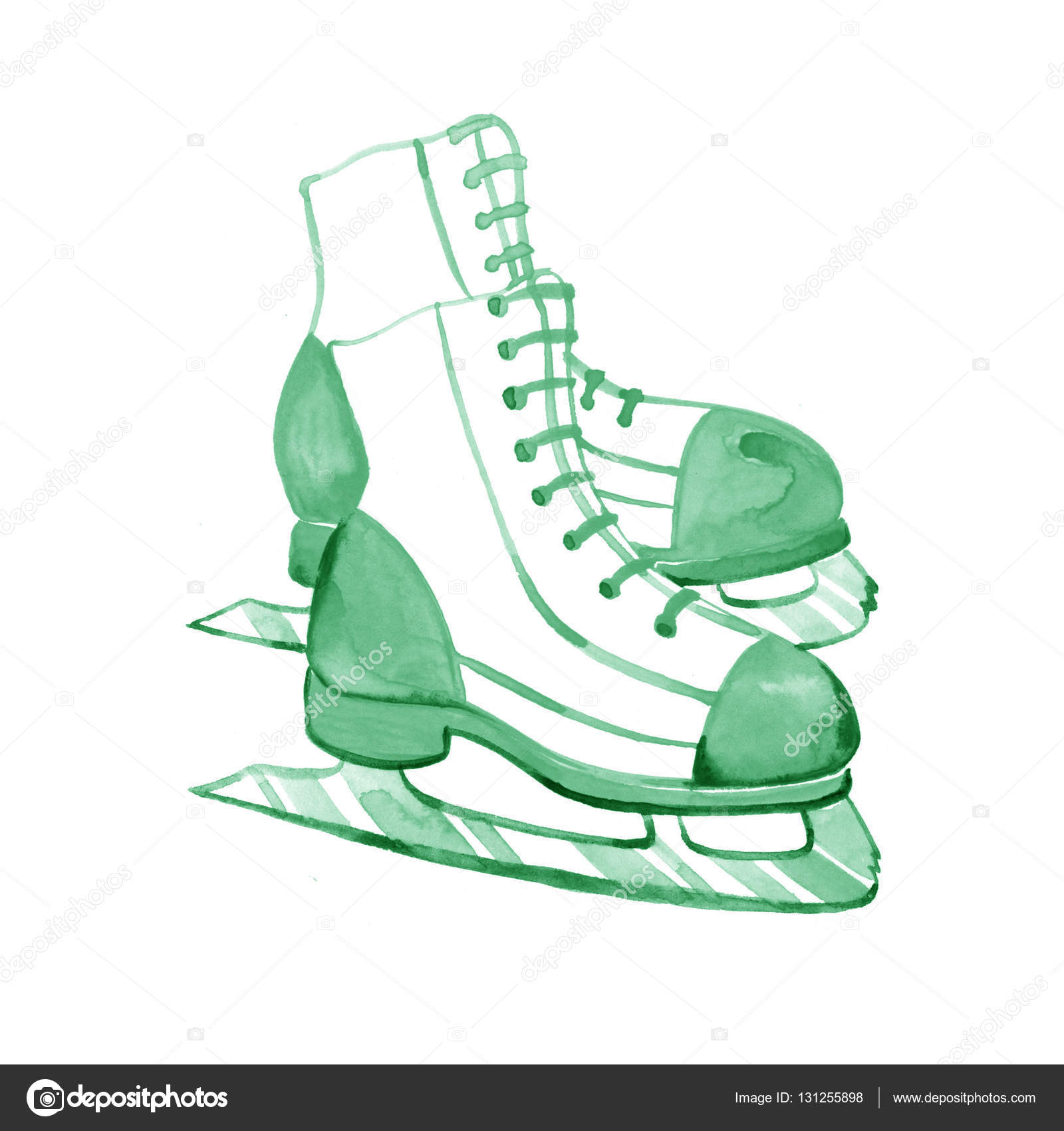 1600x1700 Watercolor Winter Holidays Card With Green Ice Skates Cartoon
