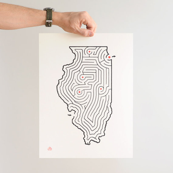 570x570 12x16 Illinois Map State Maze Offset Print Hand Drawn Design