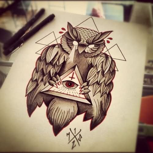 500x500 Grey Ink Owl And Triangle Eye Tattoo Design.jpg Cosas