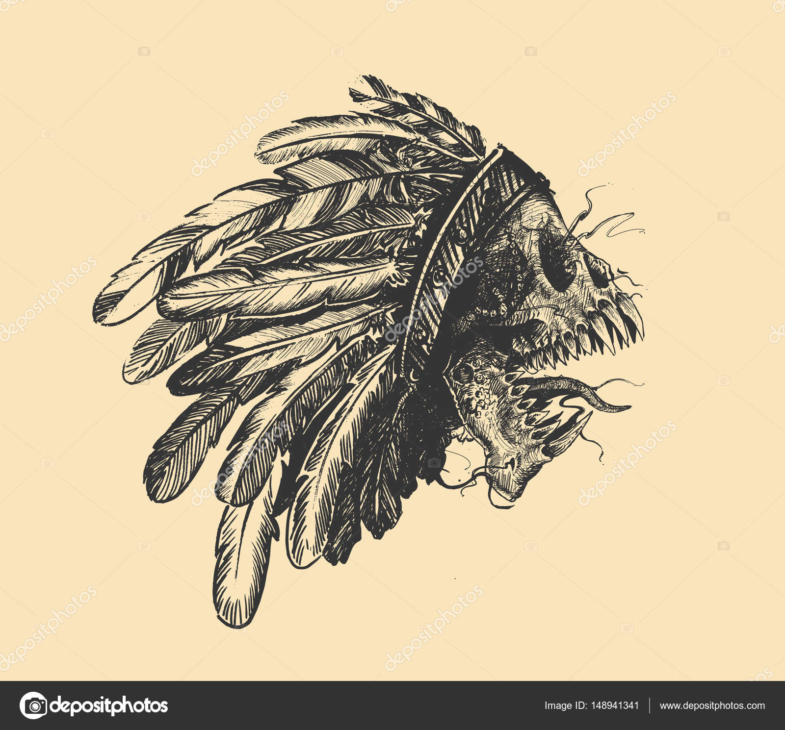 1600x1489 Hipster Skull Silhouette Skull Indian Chief In Hand Drawing