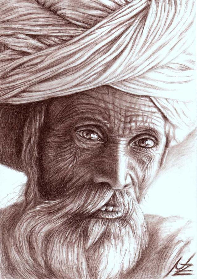638x900 Old Indian Man Drawing By Nicole Zeug
