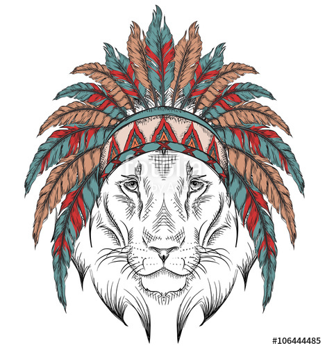 468x500 Lion In The Indian Roach. Indian Feather Headdress Of Eagle. Hand