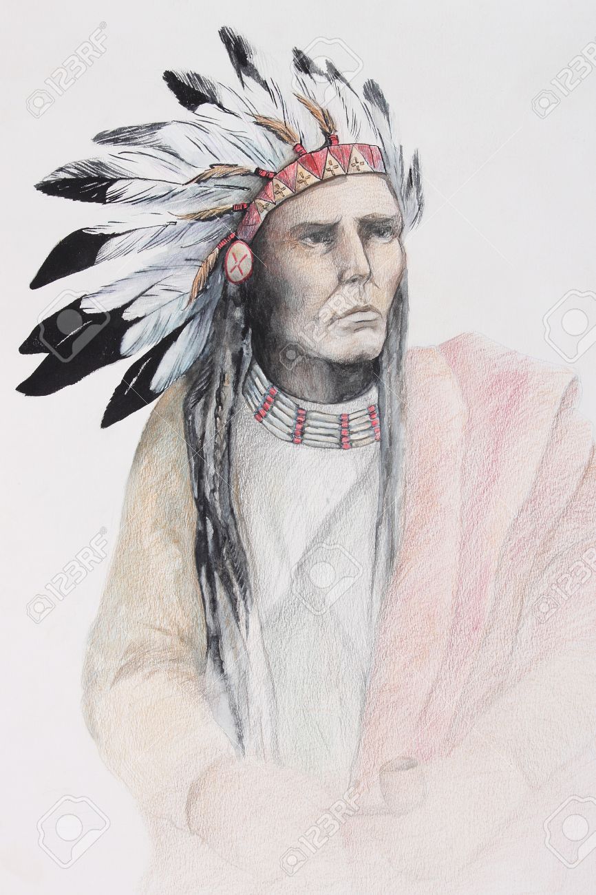 866x1300 Color Drawing Of American Indian With Feathers Stock Photo