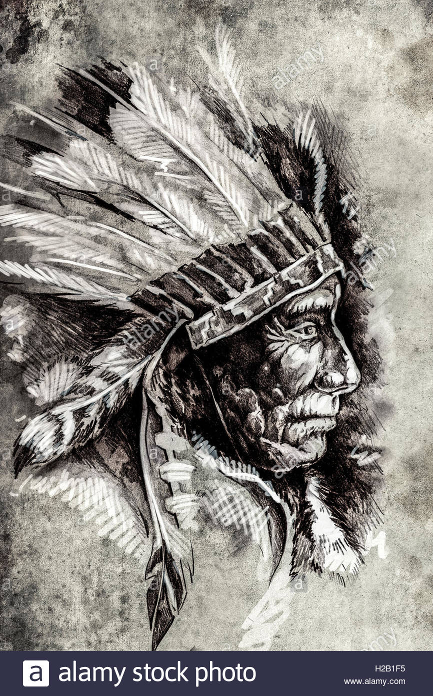 866x1390 Indian Head Chief Illustration. Sketch Of Tattoo Art, Over Vinta