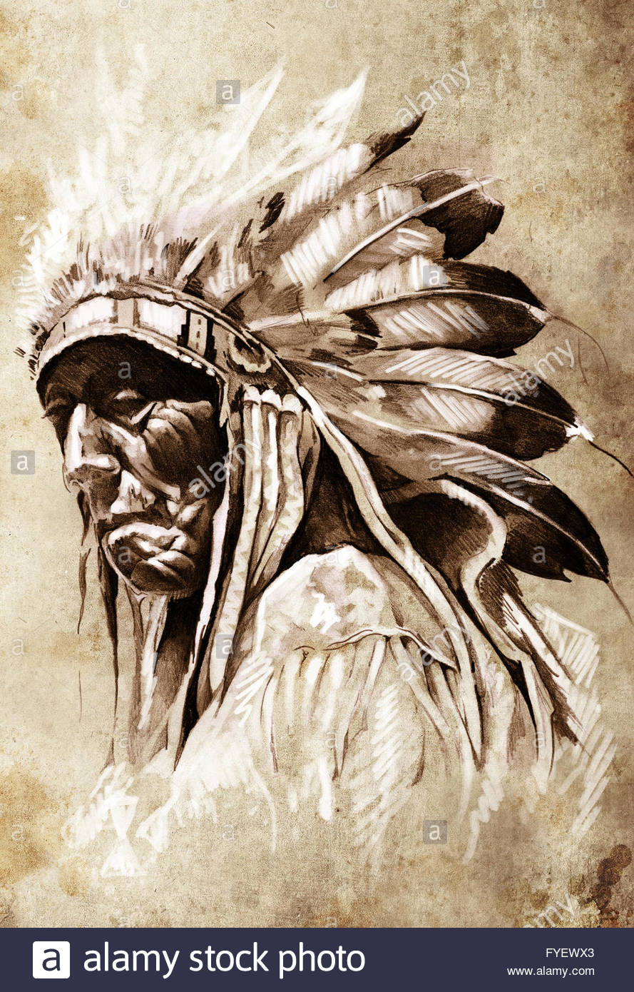 889x1390 Sketch Of Tattoo Art, Indian Head, Chief, Vintage Style Stock