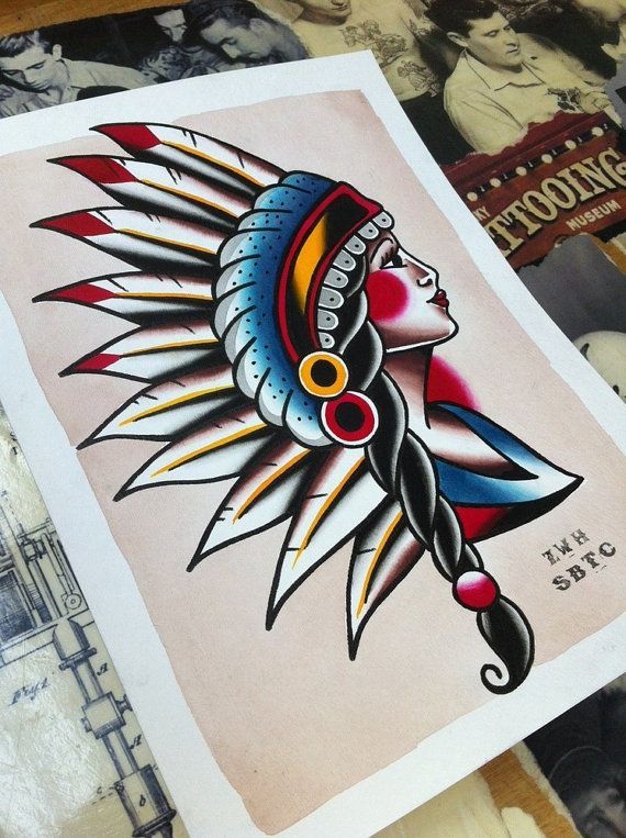 570x763 Traditional Tattoo Flash Indian Head Pinup Girl By Zhendlmyer