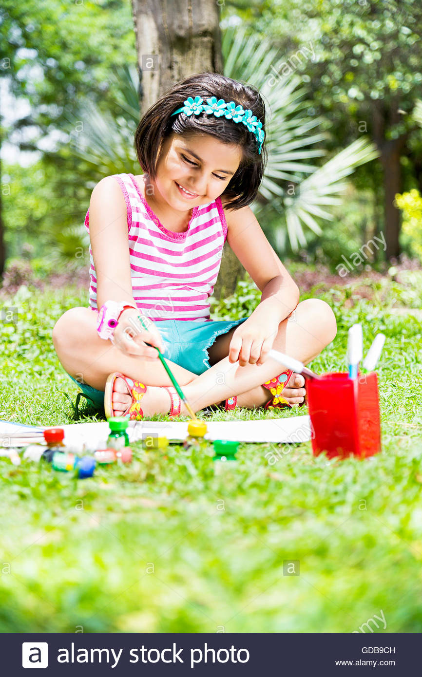 866x1390 1 Indian Kid Girl Students Park Drawing Painting Stock Photo