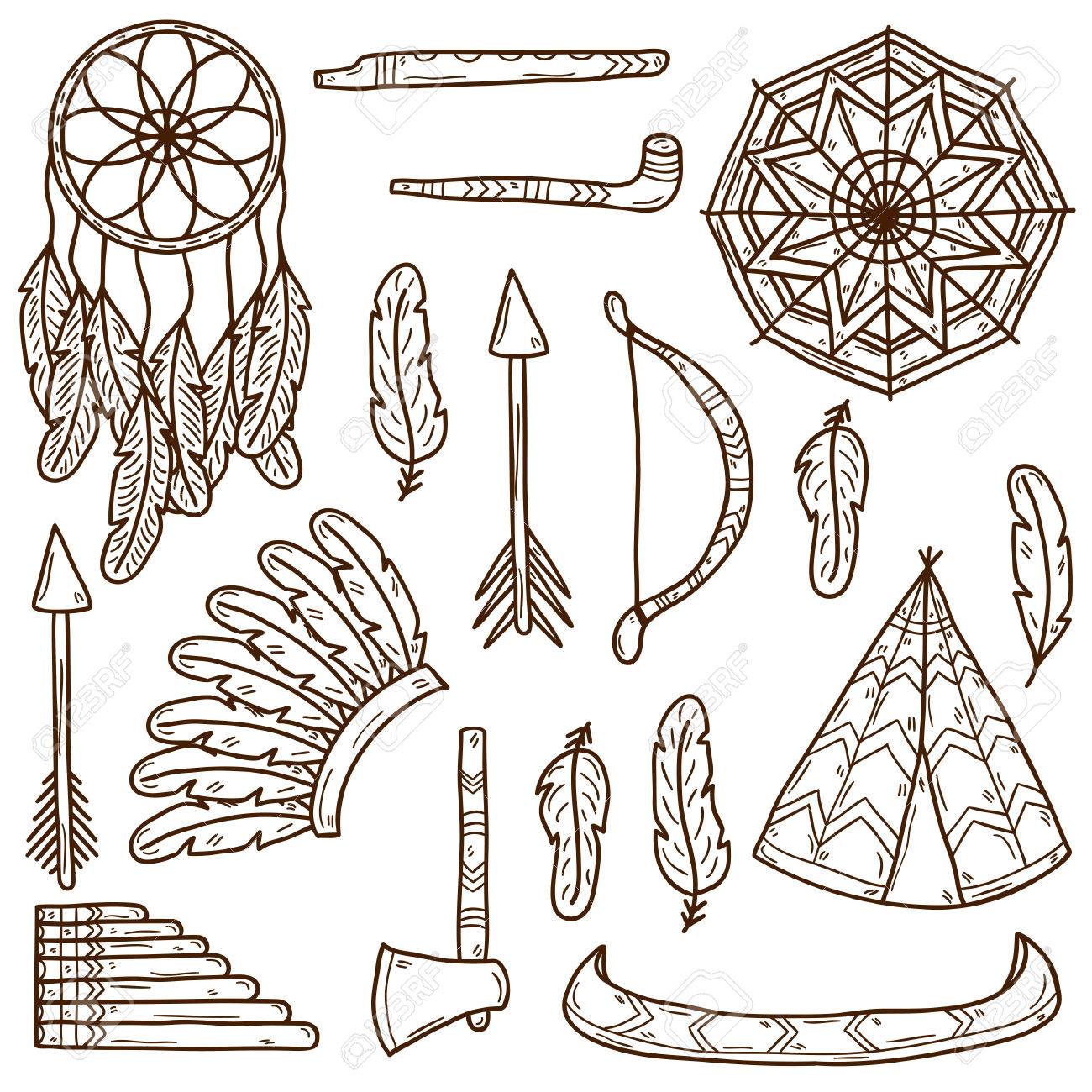 1300x1300 Set Of Cartoon Hand Drawn Stickers On Native American Theme