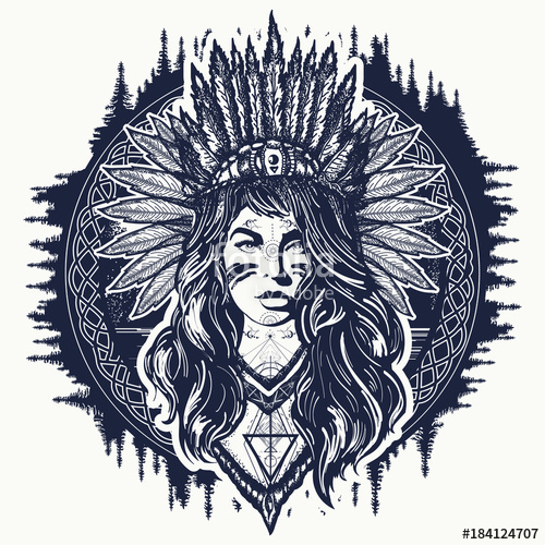500x500 Tribal Indian Woman Tattoo And T Shirt Design. Native American