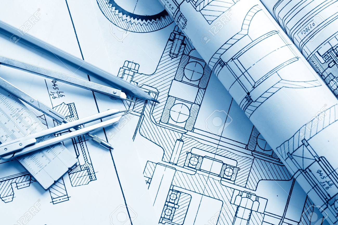 1300x866 Industrial Drawing Detail And Several Drawing Tools Stock Photo