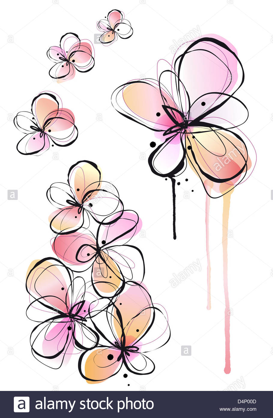 909x1390 Abstract Hand Drawn Flowers, Ink Drawing And Watercolor Painting